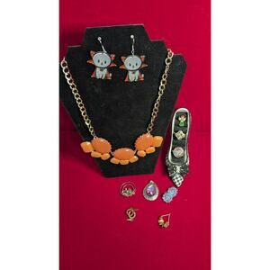 Lot Of 10 Vintage & Costume Jewelry Lot Necklace, Cat Earrings, Ring, (Jl2)